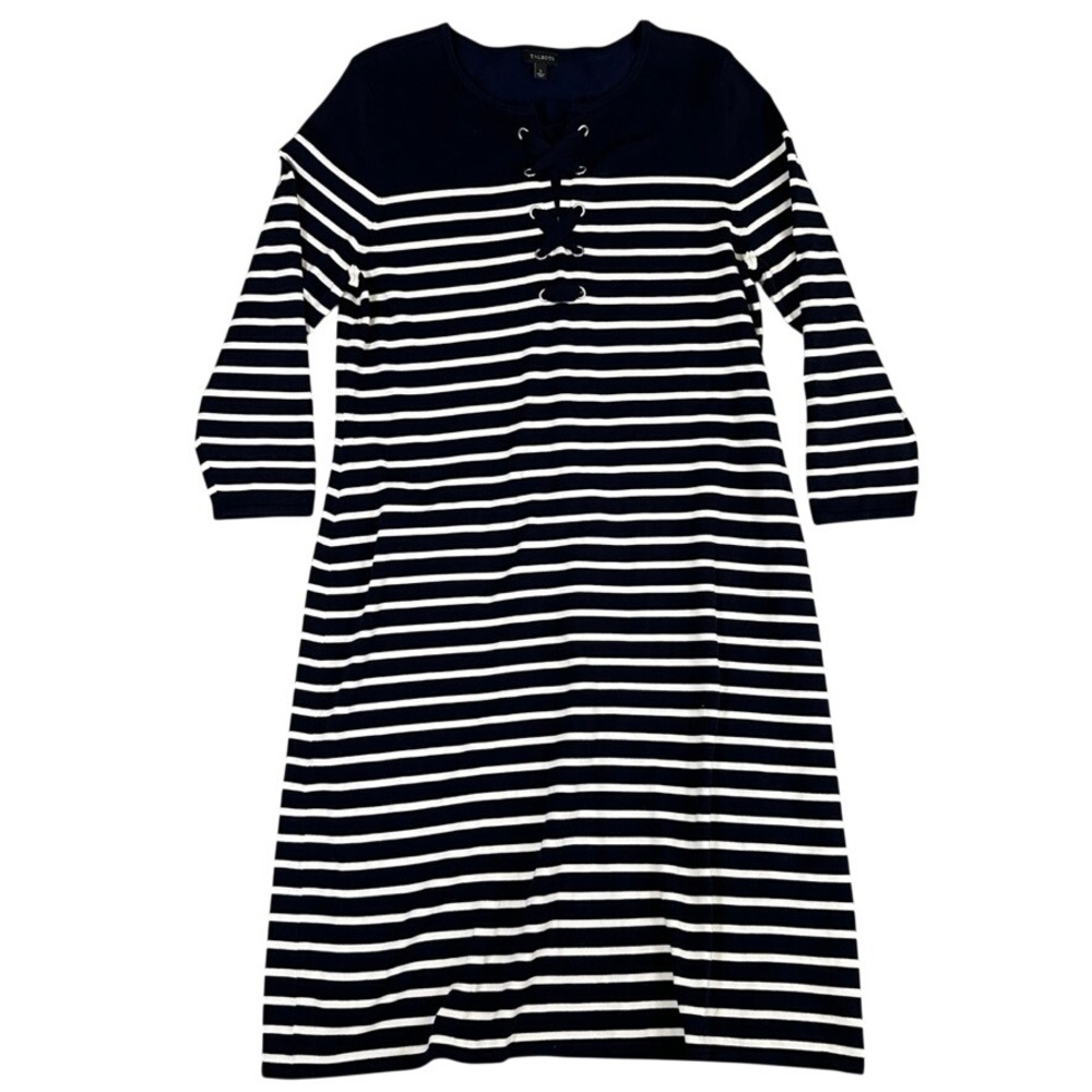 Talbots Navy White Striped Lace Up Knit Sweater Dress Large 3/4 Sleeve Nautical
